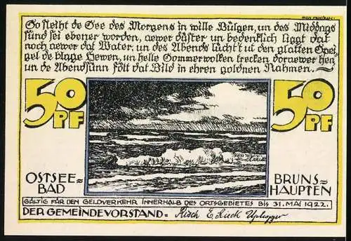 Notgeld Ostseebad Brunshaupten, 1922, 50 Pf, Reutergeld mit Küstenlandschaft und Badegästen