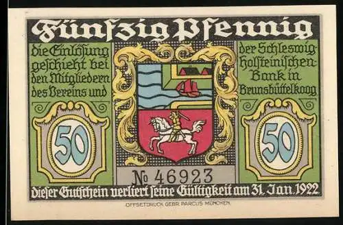 Notgeld Brunsbüttelkoog, 1922, 50 Pfennig, Schleswig-Holsteinische Bank, Fährszene und Wappen