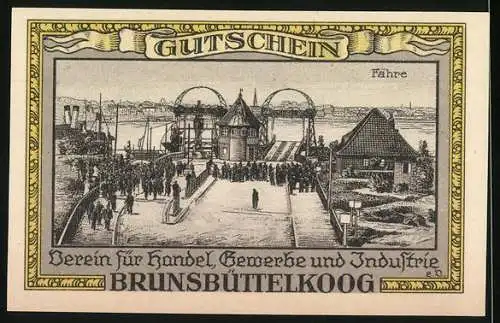 Notgeld Brunsbüttelkoog, 1922, 50 Pfennig, Schleswig-Holsteinische Bank, Fährszene und Wappen