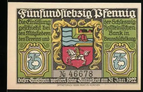 Notgeld Brunsbüttelkoog, 1922, 75 Pfennig, Dampfer am Hafen, Kriegsgefangenen-Empfang