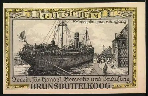 Notgeld Brunsbüttelkoog, 1922, 75 Pfennig, Dampfer am Hafen, Kriegsgefangenen-Empfang