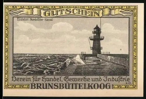 Notgeld Brunsbüttelkoog, 1922, 25 Pfennig, Einfahrt Nordsee-Kanal Leuchtturm und Wappen Schleswig-Holstein