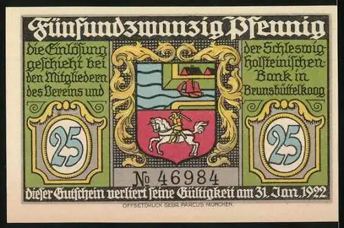 Notgeld Brunsbüttelkoog, 1922, 25 Pfennig, Einfahrt Nordsee-Kanal Leuchtturm und Wappen Schleswig-Holstein