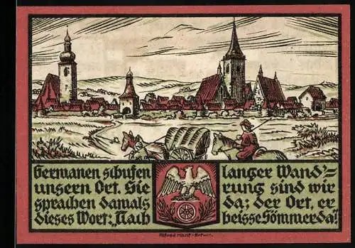 Notgeld Sömmerda 1921, 25 Pfennig, Landschaft mit Stadt und Kutschen, Soldaten mit Gewehr und Schriftzüge
