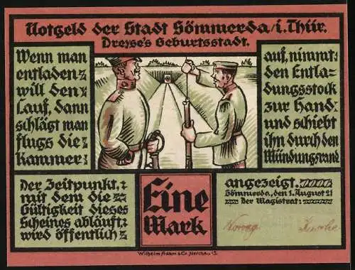 Notgeld Sömmerda, 1921, Eine Mark, Rheinmetall Werke und Soldaten beim Entladen von Gewehren