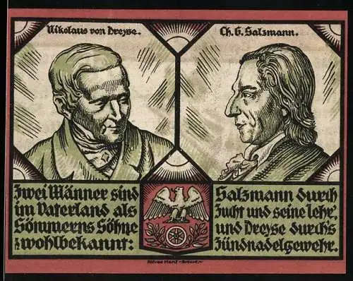 Notgeld Sömmerda 1921, Eine Mark, Porträts von Nikolaus von Dreyse und Ch. G. Salzmann, Bajonett und Inschriften