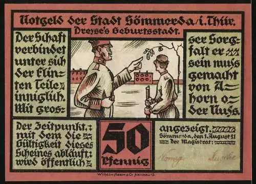 Notgeld Sömmerda, 1921, 50 Pfennig, Rathaus und Wenigensömmerisches Tor mit historischen Abbildungen und Texten