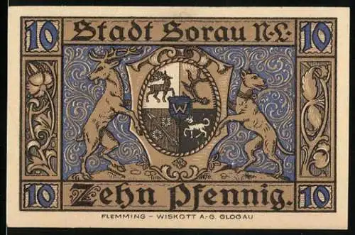 Notgeld Sorau, 1921, Zehn Pfennig, Stadtwappen mit Hirsch und Löwe, Wahrzeichen von Sorau mit Stadtansicht