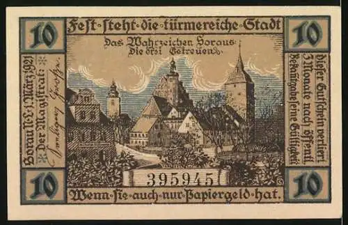 Notgeld Sorau, 1921, Zehn Pfennig, Stadtwappen mit Hirsch und Löwe, Wahrzeichen von Sorau mit Stadtansicht