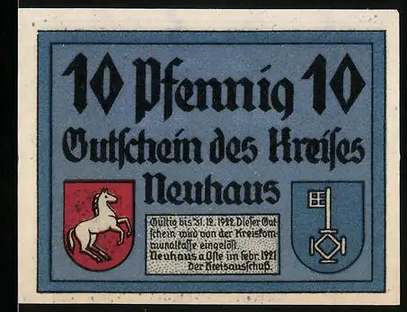 Notgeld Neuhaus, 1921, 10 Pfennig, Gutschein des Kreises Neuhaus, Frau mit Eimern, Wappen von Neuhaus