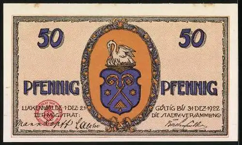 Notgeld Luckenwalde, 1921, 50 Pfennig, Zylinderhut und Stadtwappen, gültig bis 31. Dezember 1922