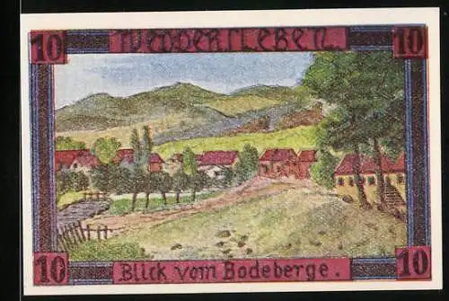 Notgeld Weddersleben, 1921, 10 Pfennig, Blick vom Bodeberge, Dreifarbdruck von Oscar Grupe, Quedlinburg