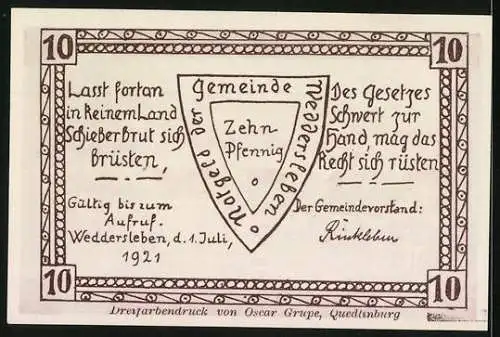 Notgeld Weddersleben, 1921, 10 Pfennig, Blick vom Bodeberge, Dreifarbdruck von Oscar Grupe, Quedlinburg