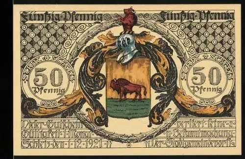 Notgeld Schleiz 1921, 50 Pfennig, Stadtwappen mit Bison und Porträt auf Rückseite