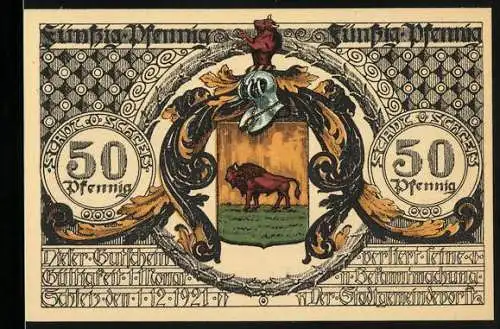 Notgeld Schleiz 1921, 50 Pfennig, Büffelwappen und historische Porträts