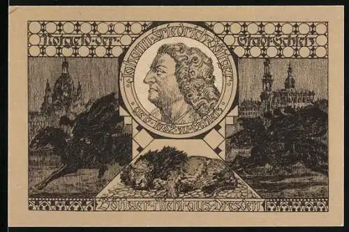 Notgeld Schleiz 1921, 50 Pfennig, Stadtwappen mit Bison und Porträt von August dem Starken