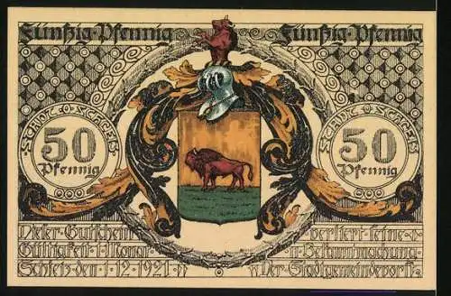 Notgeld Schleiz 1921, 50 Pfennig, Porträt eines Mannes und Wappen mit Löwe