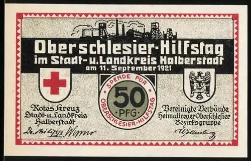 Notgeld Halberstadt 1921, 50 Pfennig, Oberschlesier-Hilfstag mit Stadtbild und Spendenaufruf