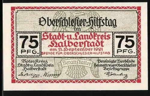 Notgeld Halberstadt 1921, 75 Pfennig, Ober-Schlesier-Hilfstag Spende für Oberschlesien am 11. September 1921