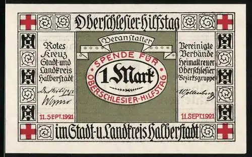 Notgeld Halberstadt 1921, 1 Mark, Oberschlesier-Hilfstag Design, Rotes Kreuz, Vereinigte Verbände