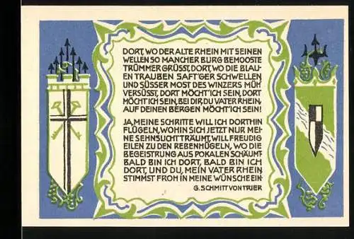 Notgeld Koenigswinter 1921, 50 Pfennig, Landschaftsmotiv und Gedicht von G. Schmitt von Trier