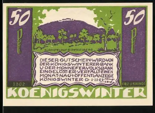 Notgeld Koenigswinter 1921, 50 Pfennig, Kurhotel auf dem Petersberg und Gedicht von Julius Inkermann