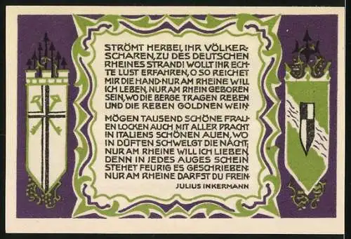 Notgeld Koenigswinter 1921, 50 Pfennig, Kurhotel auf dem Petersberg und Gedicht von Julius Inkermann