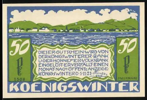 Notgeld Koenigswinter, 1921, 50 Pfennig, Rheinlandschaft und Gedicht von H.W. Mertens