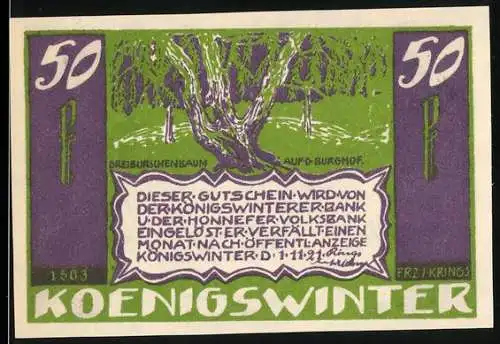 Notgeld Koenigswinter, 1921, 50 Pfennig, Dreiburschenbaum und Gedicht von Ludwig Uhland