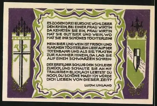 Notgeld Koenigswinter, 1921, 50 Pfennig, Dreiburschenbaum und Gedicht von Ludwig Uhland