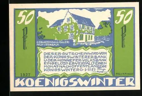 Notgeld Koenigswinter, 1921, 50 Pfennig, Geburtshaus des Malers Prof. Ittenbach, Gedicht von H. Dippel auf Rückseite