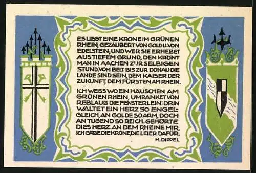 Notgeld Koenigswinter, 1921, 50 Pfennig, Geburtshaus des Malers Prof. Ittenbach, Gedicht von H. Dippel auf Rückseite