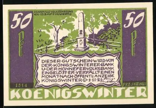 Notgeld Königswinter, 1921, 50 Pfennig, Denkmal und Hymne auf Rhein