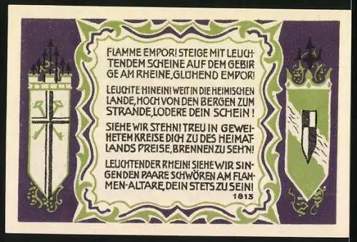 Notgeld Königswinter, 1921, 50 Pfennig, Denkmal und Hymne auf Rhein