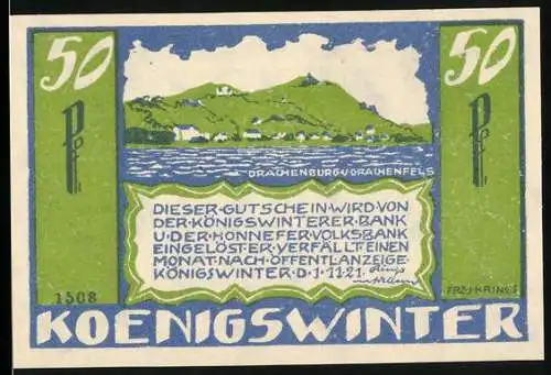 Notgeld Koenigswinter, 1921, 50 Pfennig, Drachenburg und Drachenfels, Gedicht von Karl Simrock, grün-blaues Design