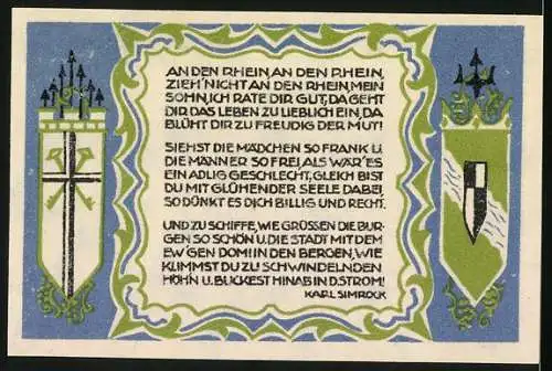 Notgeld Koenigswinter, 1921, 50 Pfennig, Drachenburg und Drachenfels, Gedicht von Karl Simrock, grün-blaues Design