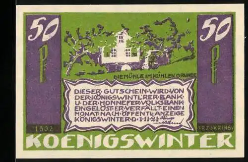 Notgeld Koenigswinter, 1921, 50 Pfennig, Die Mühle im kühlen Grunde, Eichendorff-Gedicht, lilafarben und grün