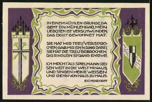 Notgeld Koenigswinter, 1921, 50 Pfennig, Die Mühle im kühlen Grunde, Eichendorff-Gedicht, lilafarben und grün