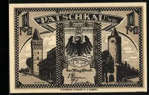 Notgeld Patschkau, 1 Mark, historische Stadtansicht mit Türmen und Wappen, Figuren und Spruch