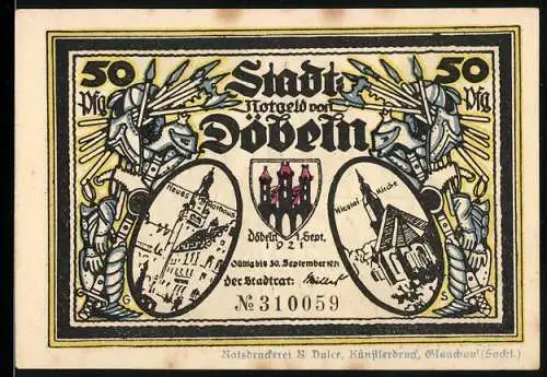 Notgeld Döbeln 1921, 50 Pfennig, Neues Rathaus und Nicolaikirche, historische Szenen auf Rückseite