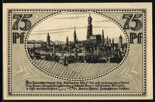 Notgeld Patschkau, 75 Pf, Stadtansicht mit Türmen und Wappen, Stadtansichten und Adler