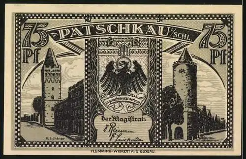 Notgeld Patschkau, 75 Pf, Stadtansicht mit Türmen und Wappen, Stadtansichten und Adler