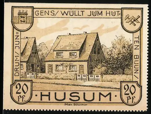 Notgeld Husum, 1921, 20 Pf, Häuser und Kirche, Gültigkeit bis 31.03.1922