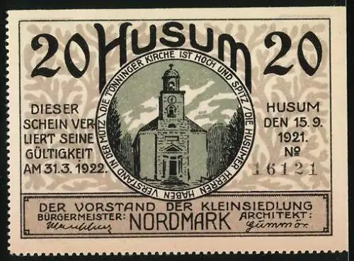 Notgeld Husum, 1921, 20 Pf, Häuser und Kirche, Gültigkeit bis 31.03.1922