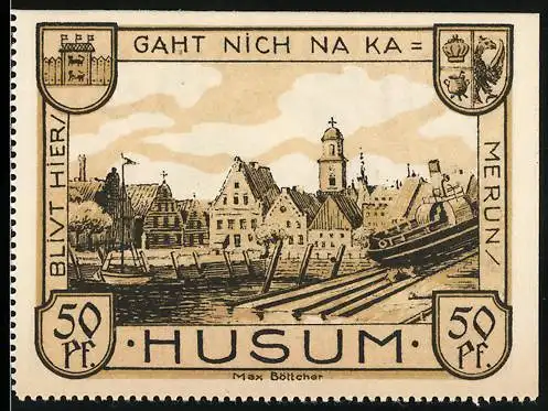 Notgeld Husum, 1921, 50 Pf, Stadtansicht und Porträt eines Mannes