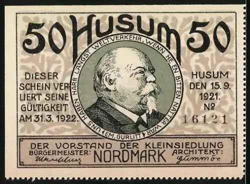 Notgeld Husum, 1921, 50 Pf, Stadtansicht und Porträt eines Mannes