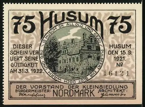 Notgeld Husum, 1921, 75 Pf, Gebäude und Landschaft, gültig bis 31.03.1922