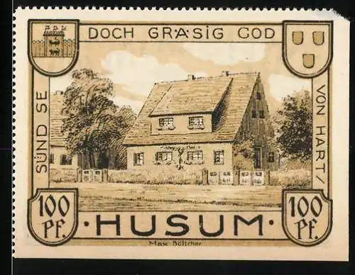 Notgeld Husum, 1921, 100 Pf, Abbildung eines Hauses und des Rathauses, Gültigkeit bis 31.3.1922
