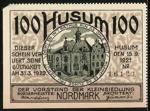 Notgeld Husum, 1921, 100 Pf, Abbildung eines Hauses und des Rathauses, Gültigkeit bis 31.3.1922