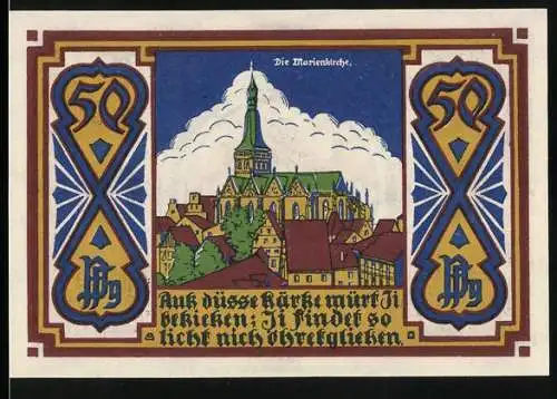 Notgeld Osnabrück, 1921, 50 Pfennig, Marienkirche und Stadtwappen, farbenfroh gestaltet